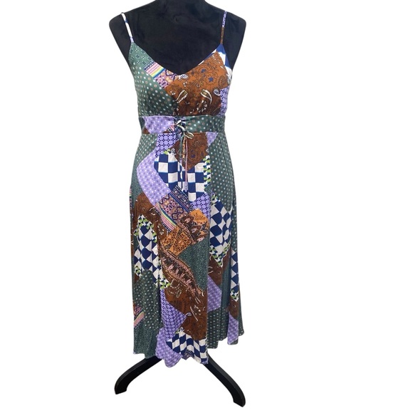 Patchwork Spaghetti Strap Midi Dress Whimsigoth Artsy 90s Boho Ethereal Size M - Picture 4 of 14